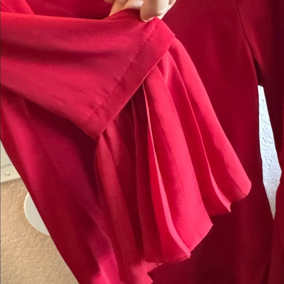 Chico's Vibrant Red Blouse with Pleated Bell Sleeves 1/4 Button V Neck Blouse - Picture 4 of 6